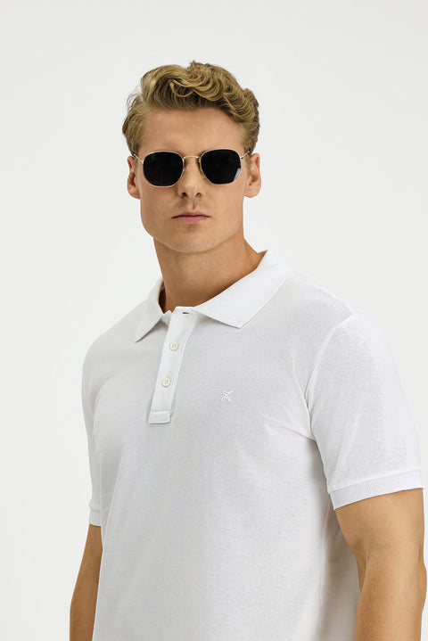 Beyaz Slim Fit Dar Kesim Pamuk Kıvrılmaz Polo Yaka Tişört