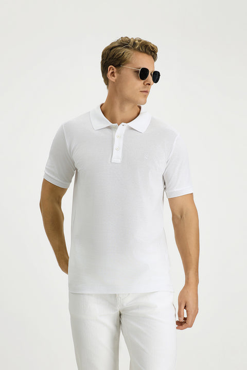 Beyaz Slim Fit Dar Kesim Pamuk Kıvrılmaz Polo Yaka Tişört