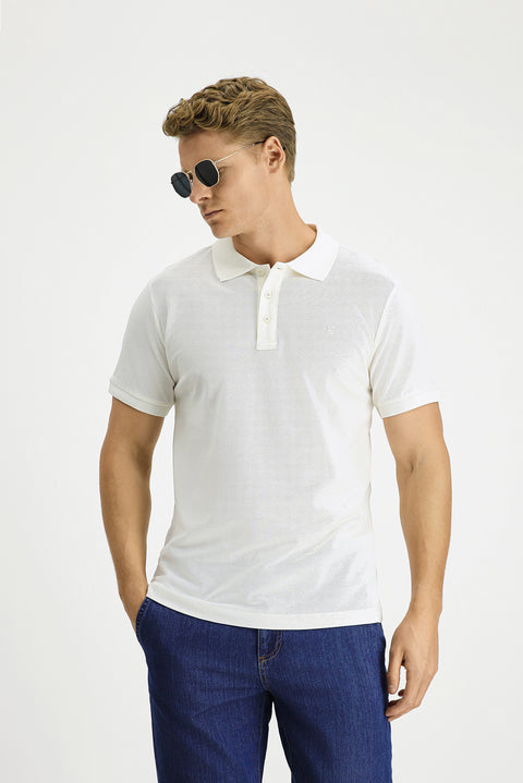 Ekru Slim Fit Dar Kesim Pamuk Kıvrılmaz Polo Yaka Tişört