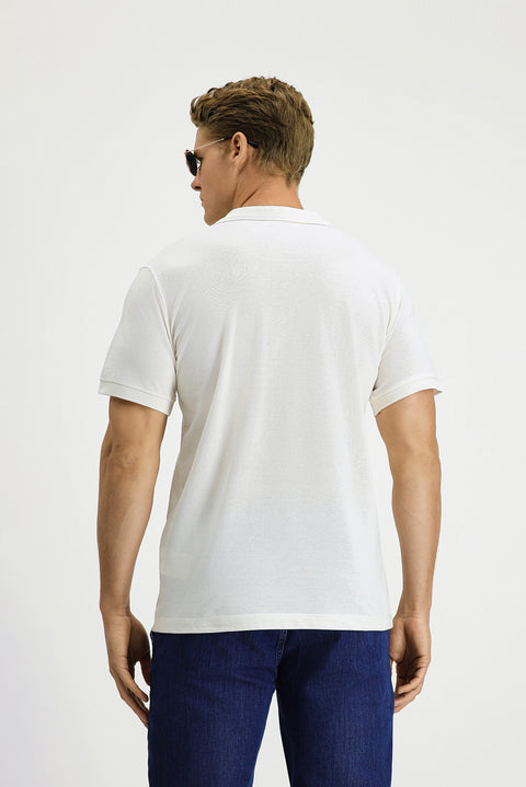 Ekru Slim Fit Dar Kesim Pamuk Kıvrılmaz Polo Yaka Tişört