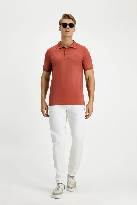 Kiremit Slim Fit Dar Kesim Pamuk Kıvrılmaz Polo Yaka Tişört