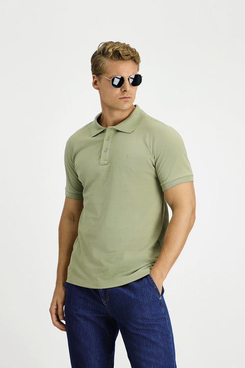 Orman Yeşili Slim Fit Dar Kesim Pamuk Kıvrılmaz Polo Yaka Tişört