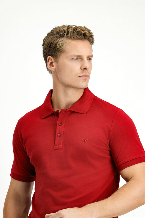 Koyu Kırmızı Slim Fit Dar Kesim Pamuk Kıvrılmaz Polo Yaka Tişört