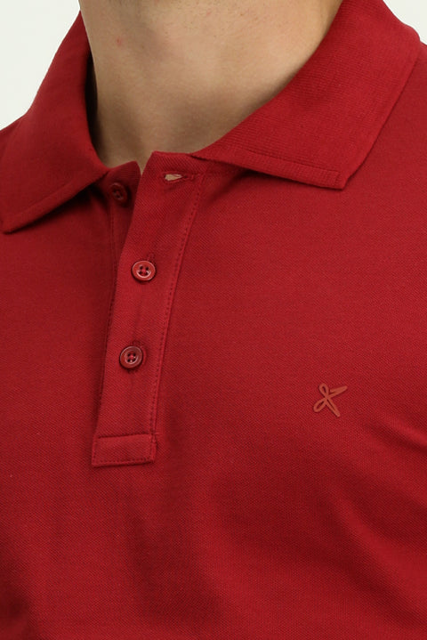Koyu Kırmızı Slim Fit Dar Kesim Pamuk Kıvrılmaz Polo Yaka Tişört