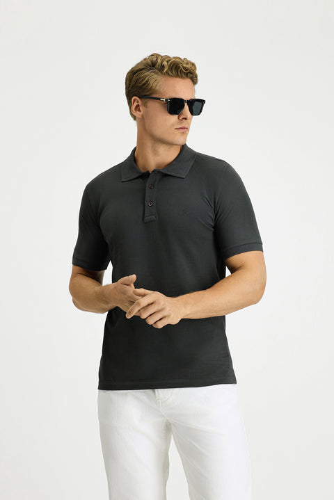 Koyu Antrasit Slim Fit Dar Kesim Pamuk Kıvrılmaz Polo Yaka Tişört