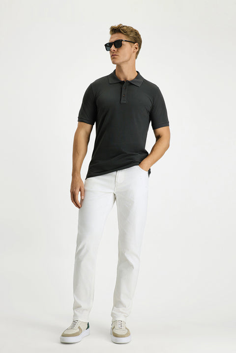 Koyu Antrasit Slim Fit Dar Kesim Pamuk Kıvrılmaz Polo Yaka Tişört