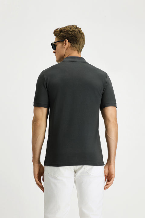 Koyu Antrasit Slim Fit Dar Kesim Pamuk Kıvrılmaz Polo Yaka Tişört