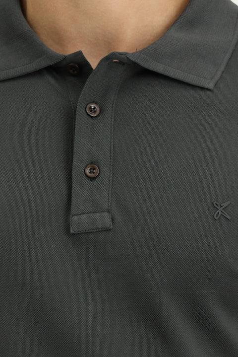 Koyu Antrasit Slim Fit Dar Kesim Pamuk Kıvrılmaz Polo Yaka Tişört