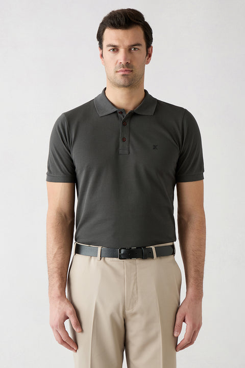 Koyu Antrasit Slim Fit Dar Kesim Pamuk Kıvrılmaz Polo Yaka Tişört