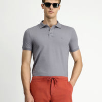 Orta Gri Slim Fit Dar Kesim Nakışlı Pamuklu Polo Yaka Tişört