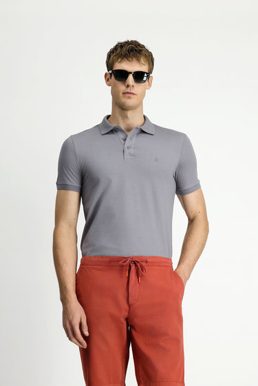 Orta Gri Slim Fit Dar Kesim Nakışlı Pamuklu Polo Yaka Tişört