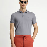 Orta Gri Slim Fit Dar Kesim Nakışlı Pamuklu Polo Yaka Tişört