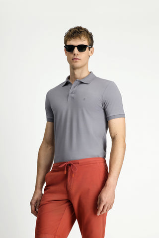  Orta Gri Slim Fit Dar Kesim Nakışlı Pamuklu Polo Yaka Tişört