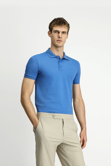  Havacı Mavi Slim Fit Dar Kesim Nakışlı Pamuklu Polo Yaka Tişört