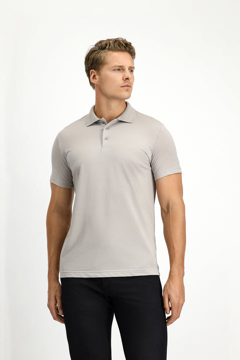 Orta Gri Slim Fit Dar Kesim Nakışlı Pamuklu Polo Yaka Tişört