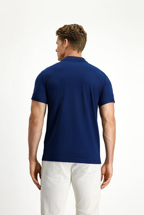 Orta Lacivert Slim Fit Dar Kesim Nakışlı Pamuklu Polo Yaka Tişört