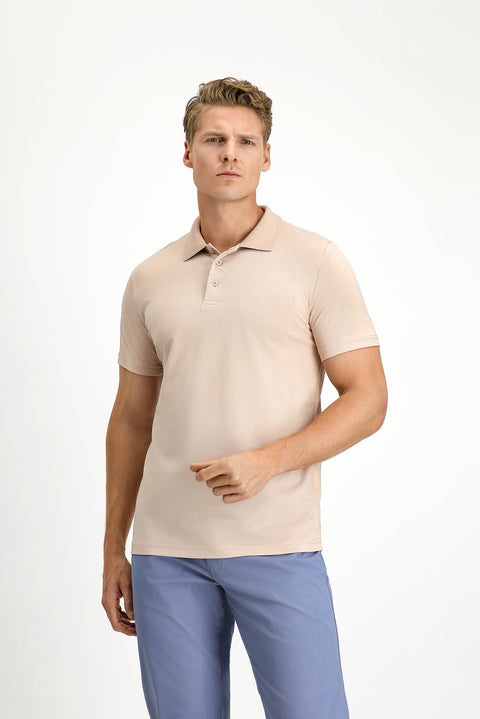 Orta Bej Slim Fit Dar Kesim Nakışlı Pamuklu Polo Yaka Tişört