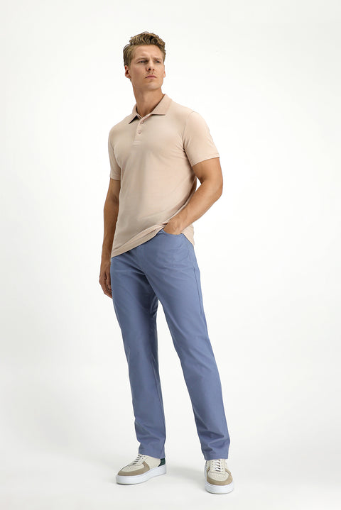 Orta Bej Slim Fit Dar Kesim Nakışlı Pamuklu Polo Yaka Tişört