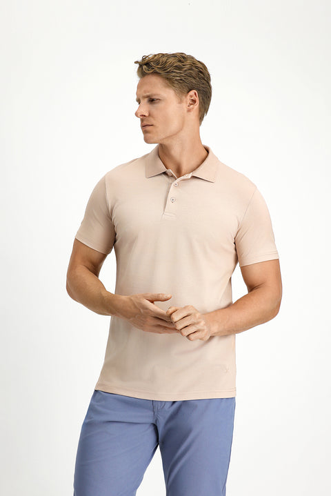 Orta Bej Slim Fit Dar Kesim Nakışlı Pamuklu Polo Yaka Tişört