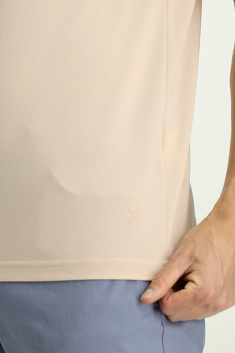 Orta Bej Slim Fit Dar Kesim Nakışlı Pamuklu Polo Yaka Tişört