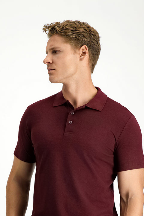 Koyu Bordo Slim Fit Dar Kesim Nakışlı Pamuklu Polo Yaka Tişört