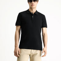 Siyah Polo Yaka Slim Fit Dar Kesim Nakışlı Pamuk Tişört