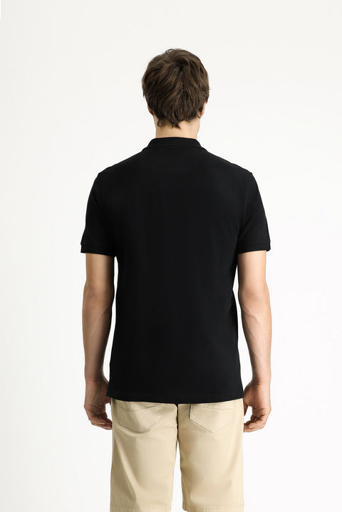Siyah Polo Yaka Slim Fit Dar Kesim Nakışlı Pamuk Tişört