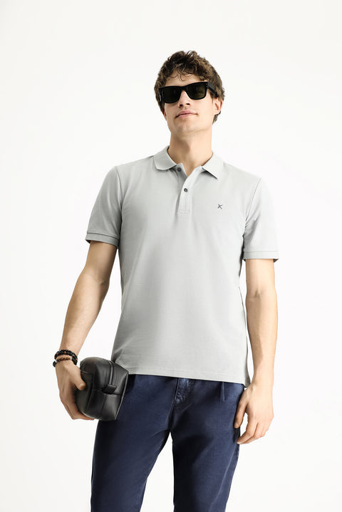 Orta Gri Polo Yaka Slim Fit Dar Kesim Nakışlı Pamuk Tişört