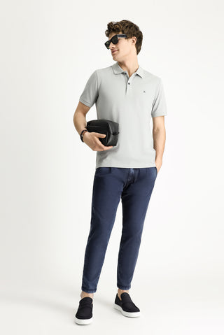  Orta Gri Polo Yaka Slim Fit Dar Kesim Nakışlı Pamuk Tişört