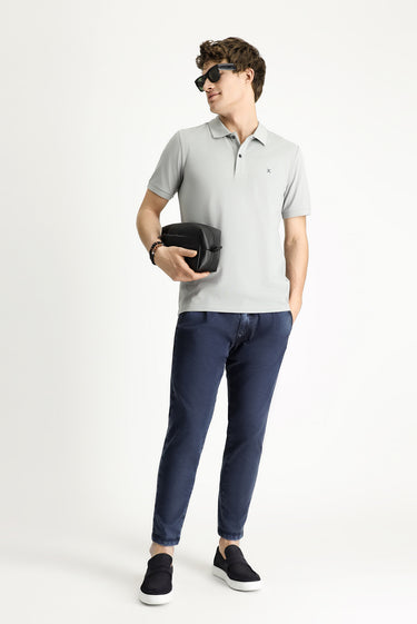 Orta Gri Polo Yaka Slim Fit Dar Kesim Nakışlı Pamuk Tişört