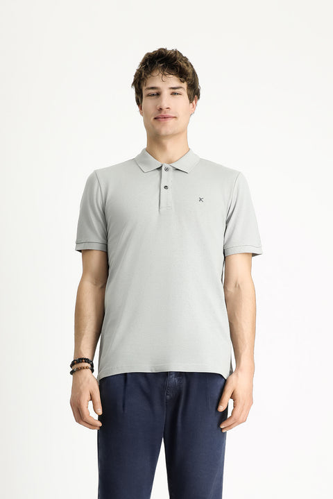 Orta Gri Polo Yaka Slim Fit Dar Kesim Nakışlı Pamuk Tişört