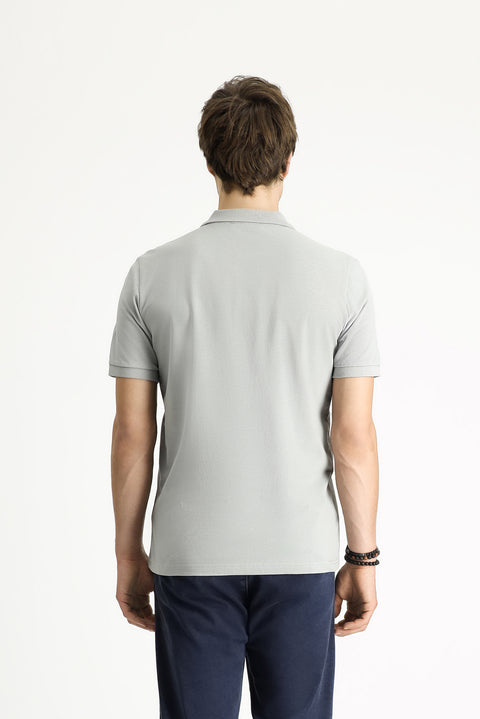 Orta Gri Polo Yaka Slim Fit Dar Kesim Nakışlı Pamuk Tişört