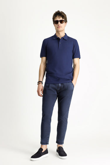 Orta Lacivert Polo Yaka Slim Fit Dar Kesim Nakışlı Pamuk Tişört