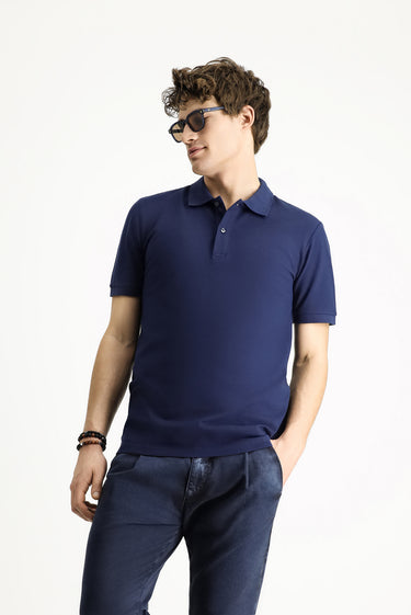 Orta Lacivert Polo Yaka Slim Fit Dar Kesim Nakışlı Pamuk Tişört