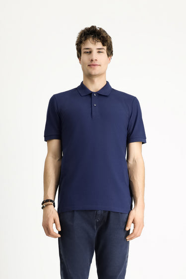 Orta Lacivert Polo Yaka Slim Fit Dar Kesim Nakışlı Pamuk Tişört