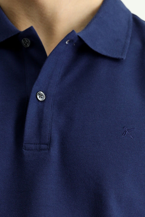 Orta Lacivert Polo Yaka Slim Fit Dar Kesim Nakışlı Pamuk Tişört