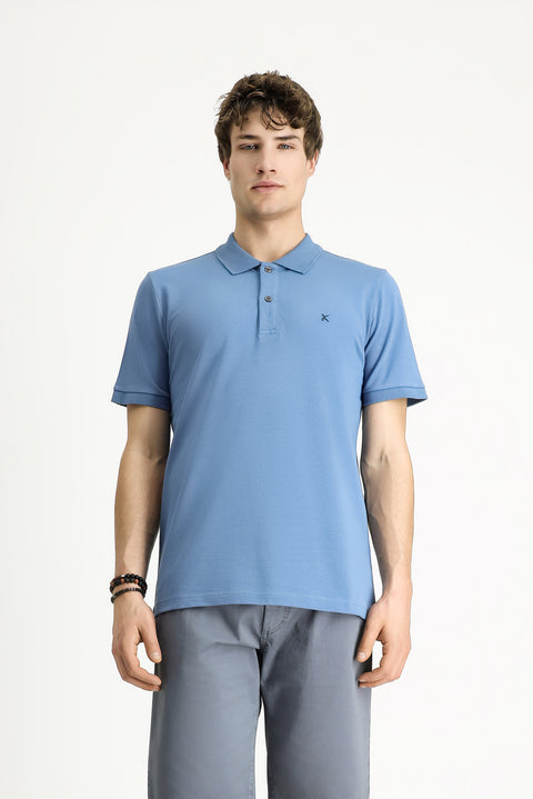 Havacı Mavi Polo Yaka Slim Fit Dar Kesim Nakışlı Pamuk Tişört