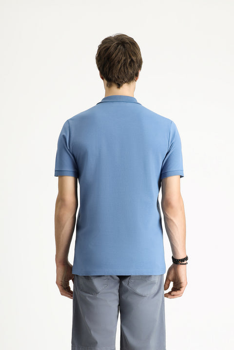 Aviator Blue Polo Collar Slim Fit Embroidered Cotton T-Shirt
