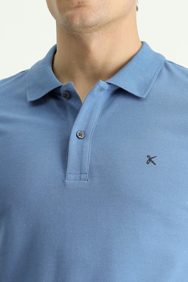 Havacı Mavi Polo Yaka Slim Fit Dar Kesim Nakışlı Pamuk Tişört