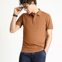 Açık Kahve  Polo Yaka Slim Fit Dar Kesim Nakışlı Pamuk Tişört