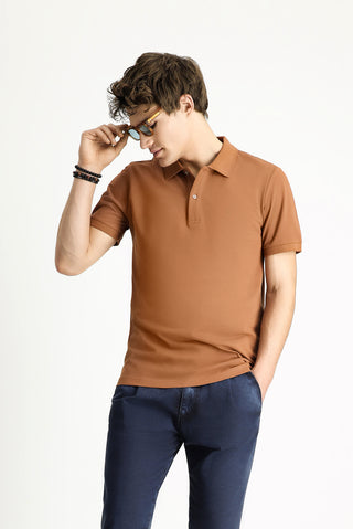  Açık Kahve  Polo Yaka Slim Fit Dar Kesim Nakışlı Pamuk Tişört