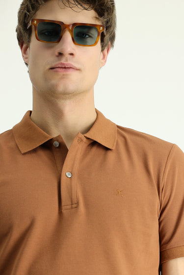 Açık Kahve  Polo Yaka Slim Fit Dar Kesim Nakışlı Pamuk Tişört