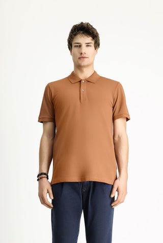  Açık Kahve  Polo Yaka Slim Fit Dar Kesim Nakışlı Pamuk Tişört
