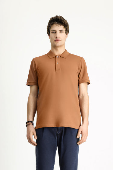 Açık Kahve  Polo Yaka Slim Fit Dar Kesim Nakışlı Pamuk Tişört