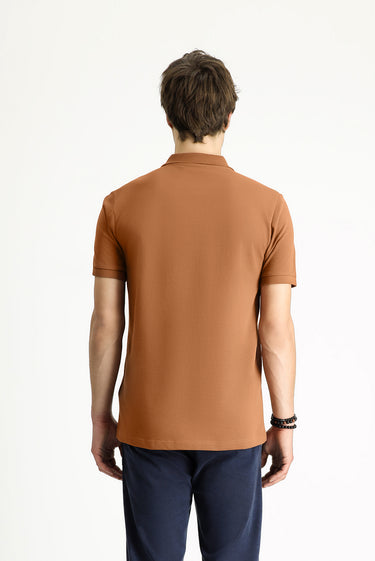 Açık Kahve  Polo Yaka Slim Fit Dar Kesim Nakışlı Pamuk Tişört