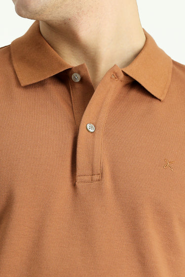 Açık Kahve  Polo Yaka Slim Fit Dar Kesim Nakışlı Pamuk Tişört
