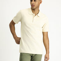 Açık Bej Polo Yaka Slim Fit Dar Kesim Nakışlı Pamuk Tişört
