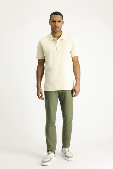 Açık Bej Polo Yaka Slim Fit Dar Kesim Nakışlı Pamuk Tişört