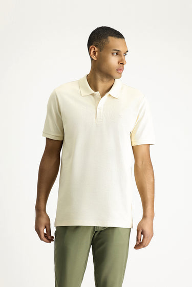 Açık Bej Polo Yaka Slim Fit Dar Kesim Nakışlı Pamuk Tişört