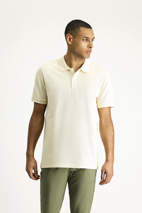 Açık Bej Polo Yaka Slim Fit Dar Kesim Nakışlı Pamuk Tişört